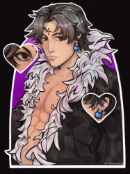 Rule 34 | 1boy, abs, absurdres, black background, black coat, black eyes, black hair, chrollo lucilfer, coat, collarbone, cross tattoo, earrings, facial mark, facial tattoo, forehead mark, forehead tattoo, fur-trimmed coat, fur trim, glowing, glowing earrings, heart, highres, hunter x hunter, jewelry, kirshakal, looking at viewer, male focus, open clothes, open coat, short hair, simple background, solo, tattoo, upper body