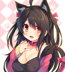 Rule 34 | 1girl, ahoge, animal collar, animal ears, black hair, black shirt, blush, bow, breasts, camisole, cat ears, cat tail, checkered background, chiri (atlanta), cleavage, collar, collarbone, commentary request, fang, hair between eyes, hair ribbon, hand on own chest, heart, heart of string, jacket, kemonomimi mode, long hair, looking at viewer, meina (atlanta), off shoulder, open clothes, open jacket, open mouth, original, paw print, pink bow, pink jacket, pink ribbon, pinky out, ribbon, shirt, sleeves past wrists, smile, solo, string, string of fate, tail, tail ornament, tail ribbon, taut clothes, two side up, upper body