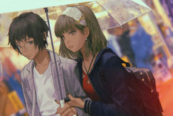 Rule 34 | 1boy, 1girl, backpack, bag, black hair, black nails, blue jacket, blurry, blurry background, brown eyes, brown hair, closed mouth, clothing cutout, commentary request, dutch angle, earrings, glasses, grey jacket, headband, heart cutout, highres, holding, holding phone, holding umbrella, jacket, jewelry, long sleeves, looking at viewer, medium hair, mole, mole under eye, nail polish, original, outdoors, parted lips, phone, red shirt, shirt, short hair, suit jacket, transparent, transparent umbrella, umbrella, upper body, wang-xi, white headband, white shirt