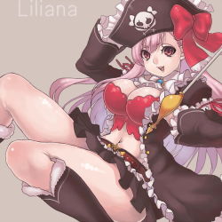 Rule 34 | 10s, 1girl, ascot, belt, boots, bow, breasts, bustier, captain liliana, cleavage, frills, hat, jolly roger, large breasts, legs, lingerie, long hair, long legs, midriff, miniskirt, navel, pink eyes, pink hair, pirate, pirate hat, pleated skirt, queen&#039;s blade, queen&#039;s blade rebellion, rapier, ribbon, rocb, skirt, skull and crossbones, skull and crossed swords, solo, sword, thighs, underwear, very long hair, weapon
