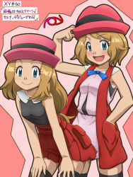 Rule 34 | 10s, 2girls, adjusting clothes, adjusting headwear, alternate costume, alternate hair length, alternate hairstyle, awa, before and after, black legwear, blonde hair, blue eyes, blush, bracelet, brown hair, creatures (company), dual persona, female focus, game freak, hand in pocket, hat, jacket, jewelry, leaning forward, long hair, looking at viewer, low-tied long hair, multiple girls, neck ribbon, nintendo, open clothes, open jacket, open mouth, pleated skirt, pokemon, pokemon (anime), pokemon xy, porkpie hat, red skirt, ribbon, serena (pokemon), shirt, short hair, skirt, sleeveless, sleeveless shirt, smile, text focus, thighhighs, translation request