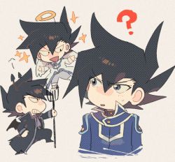 Rule 34 | 1boy, ?, angel and devil, aoki (fumomo), black coat, black hair, blue coat, clenched teeth, coat, cropped torso, demon horns, demon tail, duel academy uniform (yu-gi-oh! gx), grey background, hair between eyes, halo, horns, long sleeves, male focus, manjoume jun, multiple views, open mouth, parted lips, polearm, purple shirt, shirt, shoulder angel, shoulder devil, simple background, sparkle, spiked hair, sweat, tail, teeth, trident, weapon, wings, yu-gi-oh!, yu-gi-oh! gx