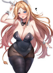 Rule 34 | 1girl, @ @, archetto (arknights), arknights, arm up, armpits, bare shoulders, black bow, black bowtie, black leotard, black thighhighs, blonde hair, blue eyes, blue nails, blush, bow, bowtie, breasts, brown pantyhose, brown tail, cleavage, commentary request, covered navel, cowboy shot, detached collar, embarrassed, fingernails, groin, hair intakes, heart, heterochromia, highleg, highleg leotard, highres, huge breasts, leotard, long hair, looking at viewer, multicolored nails, nail polish, open mouth, orange nails, pantyhose, parted bangs, partial commentary, playboy bunny, plump, red eyes, simple background, solo, standing, strapless, strapless leotard, sweatdrop, tail, thighhighs, thighhighs over pantyhose, traditional bowtie, uminekoin kujira, v, white background, wrist cuffs