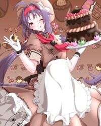 Rule 34 | 1girl, :p, ahoge, alternate costume, alternate hairstyle, apron, brown background, brown dress, brown headwear, cake, chocolate, chocolate cake, chocolate on face, dress, food, food on face, fruit, gloves, hairband, hat, heart, highres, holding, holding food, holding plate, long hair, looking at viewer, macaron, maximum7010, neckerchief, one eye closed, plate, purple hair, red eyes, red hairband, red neckerchief, solo, strawberry, sword art online, tongue, tongue out, twintails, valentine, very long hair, waist apron, white apron, white gloves, yuuki (sao)