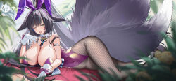 Rule 34 | 1girl, absurdres, akipopopopoon, animal ears, azur lane, black gloves, black hair, black pantyhose, blush, breasts, cleavage, commentary request, covered navel, fake animal ears, fishnet pantyhose, fishnets, fox ears, fox girl, gloves, highleg, highleg leotard, highres, kitsune, kyuubi, large breasts, leotard, long hair, looking at viewer, lying, multiple tails, musashi (azur lane), on side, one eye closed, open mouth, pantyhose, purple leotard, rabbit ears, smile, solo, strapless, strapless leotard, tail, yellow eyes