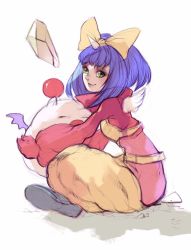 Rule 34 | 1girl, blue hair, bodysuit, bow, closed mouth, commentary, eiko carol, final fantasy, final fantasy ix, gloves, green eyes, hair bow, highres, horns, looking at viewer, moogle, short hair, simple background, single horn, smile, white background, wings, yellow bow