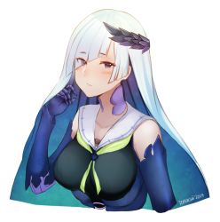 Rule 34 | 1girl, blue hair, blunt bangs, blush, breasts, brynhildr (fate), closed mouth, commentary, dated, diagonal bangs, elbow gloves, english commentary, eyes visible through hair, fate/grand order, fate (series), gauntlets, gloves, green neckerchief, large breasts, laurel crown, long hair, looking at viewer, multicolored hair, neckerchief, purple eyes, sailor collar, school uniform, serafuku, signature, silver hair, solo, temachii, upper body, white sailor collar