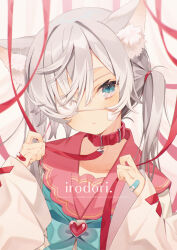 Rule 34 | 1girl, animal ear fluff, animal ears, bad id, bad pixiv id, bandaid, bandaid on hand, blue bow, blue eyes, bow, cat ears, closed mouth, collar, collarbone, comiket 101, commentary request, eyepatch, grey background, grey hair, hair between eyes, heart, highres, long sleeves, looking at viewer, medical eyepatch, minasenagi, original, pink sailor collar, red collar, red ribbon, ribbon, sailor collar, school uniform, serafuku, shirt, simple background, sleeves past wrists, solo, white shirt, wide sleeves