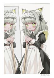 Rule 34 | 1girl, :p, absurdres, animal ear fluff, animal ears, apron, arknights, artist name, black dress, blush stickers, border, broom, cat ears, closed mouth, different reflection, dress, frilled apron, frills, grey background, grey hair, highres, holding, holding broom, juliet sleeves, kal&#039;tsit (arknights), long hair, long sleeves, looking at viewer, maid, maid headdress, mirror, own hands together, puffy sleeves, reflection, simple background, tongue, tongue out, whisk, white apron, white border, zhengqi zhizi sg