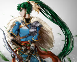 Rule 34 | 1girl, armor, arrow (projectile), bad anatomy, bow (weapon), bracer, breasts, cape, capelet, cowboy shot, delsaber, dress, earrings, expressionless, feather hair ornament, feathers, fire emblem, fire emblem: the blazing blade, fire emblem heroes, fur cape, gauntlets, green eyes, green hair, grey background, hair ornament, highres, jewelry, leaf, long hair, looking at viewer, lyn (fire emblem), medium breasts, nintendo, pelvic curtain, ponytail, profile, short sleeves, shoulder armor, solo, sword, turtleneck, very long hair, weapon, wind
