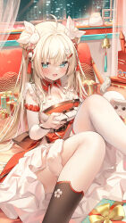 Rule 34 | 1girl, ahoge, animal ears, blonde hair, blue eyes, blush, breasts, c chan(virtual youtuber), chen bin, cleavage, controller, dress, elbow gloves, game controller, gloves, hair ornament, highres, holding, indie virtual youtuber, indoors, long hair, looking at viewer, medium breasts, open mouth, rabbit hair ornament, sitting, sleeveless, sleeveless dress, smile, socks, solo, thighhighs, virtual youtuber, white dress, white gloves, white hair, white thighhighs, window