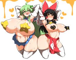 Rule 34 | 2girls, :d, armpits, arms behind head, arms up, ascot, black hair, black panties, blue skirt, blush, bow, breasts, closed mouth, cropped legs, detached collar, detached sleeves, frilled bow, frills, frog hair ornament, frown, furrowed brow, green eyes, green hair, groin, hair bow, hair ornament, hair tubes, hakurei reimu, heart pasties, highleg, highleg panties, highres, japanese clothes, kochiya sanae, long hair, looking at viewer, medium hair, miko, multiple girls, open mouth, pandain, panties, pasties, presenting armpit, red bow, shiny skin, sidelocks, single sidelock, skirt, smile, star pasties, teeth, thick thighs, thighhighs, thighs, touhou, underwear, upper teeth only, v-shaped eyebrows, white background, white sleeves, white thighhighs, wide hips, wide sleeves, yellow ascot