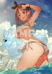Rule 34 | 1girl, arm up, armpits, ass, atelier (series), atelier ryza, atelier ryza 2, bikini, blue sky, bracelet, breasts, brown eyes, brown hair, cloud, coconut tree, day, highres, innertube, jewelry, large breasts, lens flare, looking at viewer, looking down, looking to the side, medium breasts, ocean, official art, outdoors, palm tree, reisalin stout, sample watermark, side-tie bikini bottom, sky, smile, solo, swim ring, swimsuit, thick thighs, thighs, toridamono, tree, underboob, wading, water, watermark, wet, white bikini
