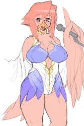 Rule 34 | breasts, cleavage, feathers, kemonon, large breasts, microphone, pink hair, red eyes, wings