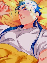 Rule 34 | 1boy, blue hair, casual, cu chulainn (fate), earrings, fate/grand order, fate/hollow ataraxia, fate/stay night, fate (series), highres, jewelry, jonya, long hair, lying, male focus, on back, pillow, sleeping, solo, under covers