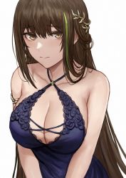 Rule 34 | 1girl, breasts, brown eyes, brown hair, cleavage, closed mouth, dress, girls&#039; frontline, green hair, hair between eyes, highres, large breasts, long hair, looking at viewer, m4a1 (girls&#039; frontline), m4a1 (suspender of time) (girls&#039; frontline), multicolored hair, official alternate costume, selcky, simple background, solo, streaked hair, upper body, white background