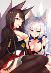 Rule 34 | 2girls, akagi (azur lane), animal ears, anza tomo, azur lane, black gloves, black hair, black legwear, blue eyes, breasts, cleavage, cleavage cutout, closed mouth, clothing cutout, eyelashes, finger to mouth, fox ears, fox tail, gloves, highres, kaga (azur lane), large breasts, leaning forward, lips, looking at viewer, multiple girls, multiple tails, off shoulder, parted lips, red eyes, short hair, sidelocks, sitting, skirt, smile, tail, thighhighs, white hair, wristband