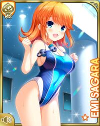 Rule 34 | 1girl, alternate hairstyle, barefoot, blue eyes, blue one-piece swimsuit, breasts, card (medium), cleavage, competition swimsuit, day, girlfriend (kari), hair ornament, indoor pool, indoors, large breasts, looking at viewer, official art, one-piece swimsuit, open mouth, orange hair, poolside, qp:flapper, sagara emi, solo, standing, swimsuit, tagme, twintails, wet, wet clothes, wet swimsuit