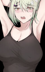 Rule 34 | 1girl, alternate costume, armpits, arms up, black shirt, blush, breasts, ceres fauna, cleavage, flower, green hair, hair flower, hair ornament, hairpin, highres, hololive, hololive english, large breasts, mole, mole under eye, open mouth, sak1 01, shirt, short hair, teeth, upper teeth only, virtual youtuber, yellow eyes