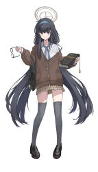 Rule 34 | 1girl, alternate costume, bags under eyes, black bag, black eyes, black footwear, black hair, black thighhighs, blue archive, blue neckerchief, book, brown skirt, brown sweater, commentary request, crossed bangs, hair between eyes, hairband, halo, highres, holding, holding book, holding removed eyewear, long hair, long sleeves, looking at viewer, low twintails, monon, neckerchief, plaid, plaid skirt, pleated skirt, shirt, simple background, skirt, solo, sweater, thighhighs, twintails, ui (blue archive), unworn eyewear, very long hair, white background, white shirt, zettai ryouiki