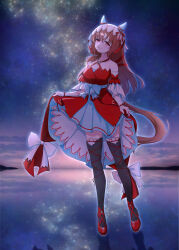 1girl absurdres animal_ears breasts brown_hair cleavage collarbone detached_sleeves full_body hair_ornament highres horse_ears horse_girl horse_tail looking_at_viewer night night_sky red_eyes ribbon shadow shoes sky small_breasts solo standing star_(sky) starry_sky still_in_love_(umamusume) tail take20131004 thighhighs umamusume veil