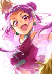 Rule 34 | 1girl, breasts, clover earrings, cone hair bun, cure yell, earrings, flower, hair bun, hair flower, hair ornament, hair ribbon, heart, heart hair ornament, hugtto! precure, jewelry, long hair, looking at viewer, magical girl, navel, nono hana, open mouth, pink eyes, pink hair, pink shirt, pink skirt, pom pom (cheerleading), precure, ribbon, shirt, skirt, small breasts, smile, solo, thick eyelashes, upper body, waist brooch, white background, yuuzii