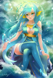 Rule 34 | 1girl, abstract background, aqua eyes, aqua hair, artist name, beads, blue dress, blue thighhighs, breasts, collarbone, creatures (company), crossed legs, dress, fins, game freak, gen 1 pokemon, head fins, high heels, highres, lace, lace-trimmed legwear, lace trim, long hair, looking at viewer, medium breasts, nintendo, personification, pokemon, signature, sitting, sleeveless, sleeveless dress, smile, solo, splashing, thighhighs, vaporeon, very long hair, water, waterring