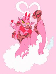 Rule 34 | 1girl, cloud, colored sclera, colored skin, creatures (company), enamorus, enamorus (incarnate), facing viewer, fangs, female pubic hair, game freak, heart, highres, horns, looking at viewer, navel, nintendo, nude, oni horns, paperrose, pink background, pink skin, pointy ears, pokemon, pokemon swsh, pubic hair, solo, white hair, yellow sclera