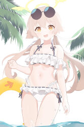 Rule 34 | 1girl, absurdres, bikini, blue archive, chinese commentary, clenched hand, commentary request, eyewear on head, frilled bikini, frills, hair flaps, halo, hifumi (blue archive), hifumi (swimsuit) (blue archive), highres, light brown hair, low twintails, navel, ocean, official alternate costume, outdoors, palm tree, ribbon-trimmed bikini, ribbon-trimmed swimsuit, ribbon trim, shirao shiki, side-tie bikini bottom, sky, solo, stomach, sunglasses, swim ring, swimsuit, tree, twintails, water drop, white background, yellow eyes, yellow halo