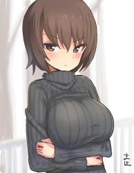 Rule 34 | 10s, 1girl, black sweater, breast hold, breasts, casual, character name, closed mouth, crossed arms, girls und panzer, kemu (guruguru dan), large breasts, long sleeves, looking at viewer, nishizumi maho, ribbed sweater, short hair, solo, standing, sweater, upper body