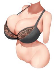 Rule 34 | 1girl, black bra, bra, breasts, cleavage, collarbone, cropped arms, cropped torso, groin, headless, highres, huge breasts, kirome (kamipaper), navel, original, simple background, solo, strap gap, underwear, underwear only, white background