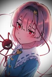 Rule 34 | 1girl, bo cota, buttons, headband, heart, heart-shaped ornament, heart button, highres, komeiji satori, looking at viewer, looking up, medium hair, pink hair, red eyes, solo, third eye, touhou, white background, yellow eyes