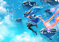 Rule 34 | 2girls, black headwear, black legwear, blue hair, blue skirt, blue sky, boots, cloud, commentary request, day, electricity, fish, flaming sword, flaming weapon, food, fruit, grin, hand on headwear, hat, highres, hinanawi tenshi, holding, holding sword, holding weapon, kawayabug, keystone, light rays, light trail, long hair, multiple girls, nagae iku, nagae iku (fish), oarfish, outstretched arms, peach, red eyes, red neckwear, rope, shide, shimenawa, shirt, short sleeves, skirt, sky, smile, sparkle, sunbeam, sunlight, sword, sword of hisou, thighhighs, touhou, weapon, white shirt