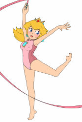 Rule 34 | 1girl, :d, absurdres, artist request, barefoot, blonde hair, blue eyes, breasts, crown, feet, female focus, flat color, full body, gymnastics, gymnastics ribbon, hat, highres, leotard, lipstick, long hair, looking to the side, makeup, mario &amp; sonic at the london 2012 olympic games, mario &amp; sonic at the olympic games, mario (series), nintendo, open mouth, princess peach, rhythmic gymnastics, ribbon, ribbon baton, simple background, smile, solo, super mario bros. 1, white background