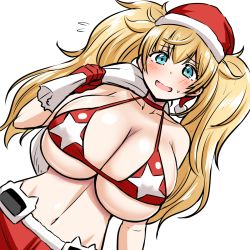 Rule 34 | 1girl, bikini, blonde hair, blue eyes, blush, breasts, christmas, cleavage, embarrassed, gambier bay (kancolle), gloves, hat, highres, huge breasts, kanno takanori, kantai collection, long hair, looking at viewer, micro bikini, miniskirt, open mouth, red bikini, santa bikini, santa costume, santa gloves, santa hat, simple background, skirt, solo, swimsuit, upper body, white background