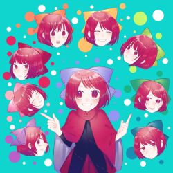 Rule 34 | 1girl, black shirt, blue bow, bow, cape, cloak, closed eyes, crying, crying with eyes open, disembodied head, floating head, green bow, grin, hair bow, highres, long sleeves, looking at viewer, multiple heads, open mouth, orange bow, pink bow, pointing, rainbow order, red cloak, red eyes, red hair, red skirt, sekibanki, shirt, short hair, skirt, smile, tears, tongue, tongue out, toraneko 2, touhou, yellow bow