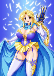 Rule 34 | 1girl, blonde hair, blue background, blue theme, braid, breasts, brown eyes, cape, character request, claw (weapon), cleavage, copyright request, covered erect nipples, elbow gloves, feathers, female focus, garter straps, gloves, gradient background, highleg, highres, large breasts, looking at viewer, no bra, open mouth, raochuu, revealing clothes, simple background, single braid, smile, solo, standing, thighhighs, weapon