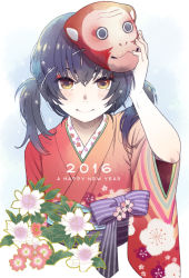 Rule 34 | 10s, 1girl, 2016, black hair, blush, happy new year, japanese clothes, kimono, looking at viewer, mask, mattaku mousuke, monkey mask, new year, original, smile, solo, twintails