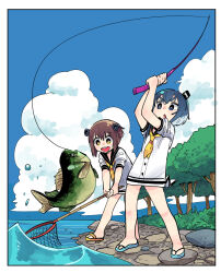 Rule 34 | 2girls, arms up, black sailor collar, blue eyes, blue hair, blue sky, brown hair, clip studio paint (medium), cloud, colored tips, fish, fish request, fishing, fishing rod, flip-flops, full body, hat, holding, holding fishing rod, holding net, kantai collection, looking at animal, mini hat, multicolored hair, multiple girls, nature, neckerchief, no pants, no socks, open mouth, outdoors, river, rock, sailor collar, sandals, school uniform, serafuku, shirt, short hair, sky, sleeves pushed up, smile, speaking tube headset, standing, thick eyebrows, tokitsukaze (kancolle), tonmoh, tree, two-handed, v-shaped eyebrows, white hair, white shirt, yellow eyes, yellow neckerchief, yukikaze (kancolle)