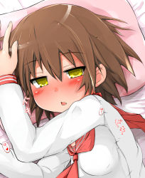 Rule 34 | 00s, 1girl, bad id, bad pixiv id, bed sheet, blush, brown hair, fang, full-face blush, half-closed eyes, ichirin, kusakabe misao, looking at viewer, lucky star, lying, on bed, on side, open mouth, pillow, school uniform, serafuku, short hair, solo, yellow eyes