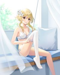 Rule 34 | 1girl, artist name, blonde hair, bra, breasts, closed mouth, collarbone, commentary, commentary request, curtains, day, english commentary, feet, flower, genshin impact, hair between eyes, hair flower, hair ornament, highres, indoors, knee up, lilia creative, long hair, looking at viewer, lumine (genshin impact), medium breasts, mixed-language commentary, no shoes, panties, pillow, single thighhigh, sitting, smile, solo, thighhighs, transparent, underwear, underwear only, white bra, white flower, white panties, white thighhighs, window, yellow eyes