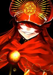 Rule 34 | 1girl, black background, black shirt, cape, close-up, evil smile, family crest, fate/grand order, fate (series), flower, hair over one eye, hat, highres, long hair, looking at viewer, medallion, military hat, military uniform, oda nobunaga (fate), oda nobunaga (maou avenger) (fate), oda uri, peaked cap, red eyes, red hair, shaded face, shirt, sidelocks, smile, solo, uniform, upper body, urup zzz
