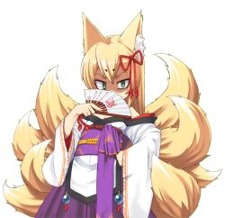 Rule 34 | 1girl, animal ear fluff, animal ears, bare shoulders, blonde hair, bmp-to-png conversion, constricted pupils, cowboy shot, eyeshadow, folding fan, fox ears, fox girl, fox tail, game cg, green eyes, hair between eyes, hakama, hakama skirt, hand fan, hand on own hip, holding, holding fan, japanese clothes, jingai modoki, kimono, kitsune, lolibaba, long hair, looking at viewer, makeup, mon-musu quest!, monster girl, multiple tails, non-web source, obi, partially shaded face, print folding fan, purple hakama, purple sash, red eyeshadow, sash, serious, simple background, skirt, slit pupils, solo, tail, tamamo (mon-musu quest!), transparent background, v-shaped eyebrows, white kimono, wide sleeves