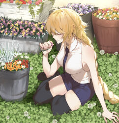 Rule 34 | 1girl, arm support, bare shoulders, black thighhighs, blonde hair, braid, closed eyes, closed mouth, clover, collared shirt, commentary, fate/apocrypha, fate/grand order, fate (series), field, flower, full body, hand up, highres, holding, holding flower, jeanne d&#039;arc (fate), jeanne d&#039;arc (girl from orleans) (fate), leaf, light blush, long braid, long hair, necktie, orange flower, pink flower, plant, potted plant, purple flower, purple necktie, purple shorts, red flower, shirt, shorts, single braid, sitting, sleeveless, sleeveless shirt, solo, thighhighs, white flower, white shirt, yellow flower, zettai ryouiki, zuraa (naunau seijin)