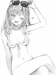 Rule 34 | 1girl, ;d, absurdres, arm up, bikini, blush, bottomless, breasts, collarbone, crossed legs, earrings, eyewear lift, eyewear on head, front-tie bikini top, front-tie top, hair ornament, hairclip, heart, highres, hololive, hololive dev is, ichijou ririka, jewelry, long hair, looking at viewer, medium breasts, nanashi (nlo), navel, one eye closed, open mouth, simple background, smile, solo, string bikini, sunglasses, swimsuit, virtual youtuber