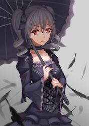Rule 34 | 10s, 1girl, bad id, bad pixiv id, black feathers, drill hair, feathers, gothic lolita, highres, idolmaster, idolmaster cinderella girls, idolmaster cinderella girls starlight stage, kanzaki ranko, lolita fashion, long hair, parasol, red eyes, silver hair, solo, twin drills, twintails, umbrella, xixing si yao meng