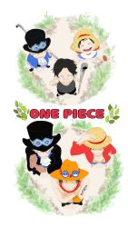 Rule 34 | 3boys, bandages, black hair, blonde hair, brothers, brown hair, copyright name, ascot, crossed arms, dual persona, closed eyes, gloves, goggles, hand on headwear, hat, highres, jacket, jewelry, long sleeves, male focus, monkey d. luffy, multiple boys, multiple persona, necklace, one piece, open clothes, open shirt, pole, portgas d. ace, raglan sleeves, red shirt, sabo (one piece), scar, shirt, topless male, shorts, siblings, smile, staff, standing, straw hat, tank top, tattoo, time paradox, top hat, weapon, aged down