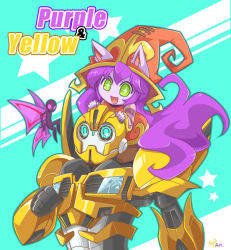 Rule 34 | 1boy, 1girl, animal ears, autobot, bumblebee, colored skin, crossover, ears through headwear, fairy, green eyes, hat, league of legends, long hair, lulu (league of legends), machine, machinery, open mouth, pantyhose, pix (league of legends), purple hair, purple skin, robot, star (symbol), symbol-shaped pupils, transformers, transformers prime, witch hat, yan531, yordle