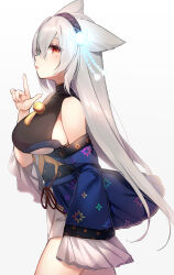 Rule 34 | 1girl, absurdres, animal ears, arm at side, bell, black hairband, black shirt, blue eyes, blue kimono, breasts, commentary, commission, cowboy shot, from side, glowing, grey hair, hair between eyes, hairband, hand up, heterochromia, highres, index finger raised, japanese clothes, kimono, kimono skirt, large breasts, long hair, looking at viewer, looking to the side, mole, mole under eye, neck bell, original, parted lips, print kimono, red eyes, shirt, short kimono, sideboob, sideless shirt, skeb commission, sleeveless, sleeveless shirt, sleeves past fingers, sleeves past wrists, solo, star (symbol), star print, tamafurin, tassel, turtleneck shirt, underbust, white background