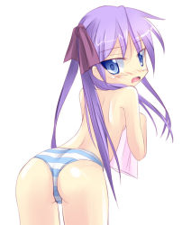 Rule 34 | 00s, 1girl, blue eyes, blush, hiiragi kagami, kuro (be ok), looking back, lucky star, panties, purple hair, ribbon, solo, striped clothes, striped panties, topless, tsurime, twintails, underwear, wedgie